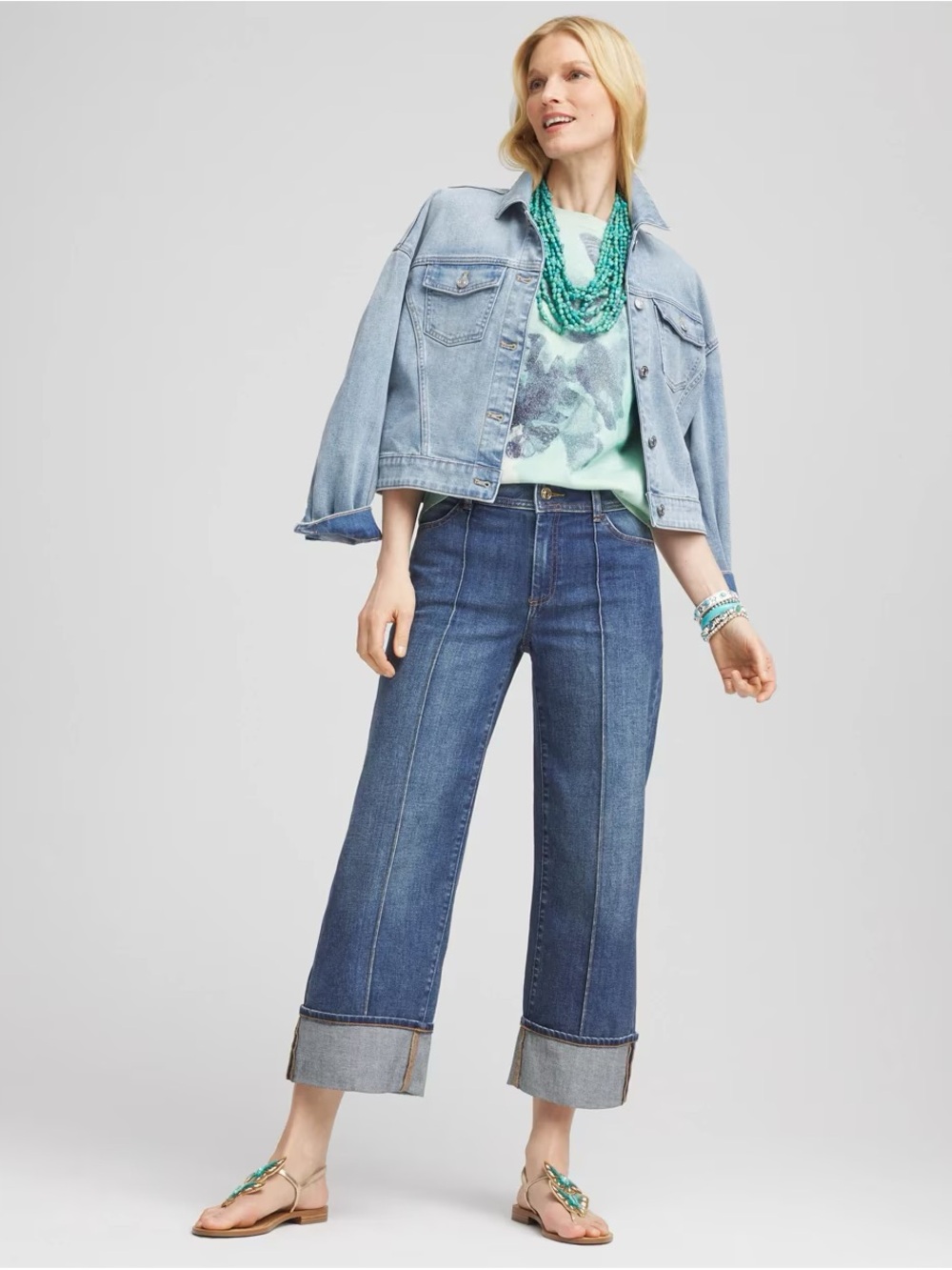 Chico's Pinetuck High Cuff Cropped Wide Leg Jeans Mariana Indigo US Size 1